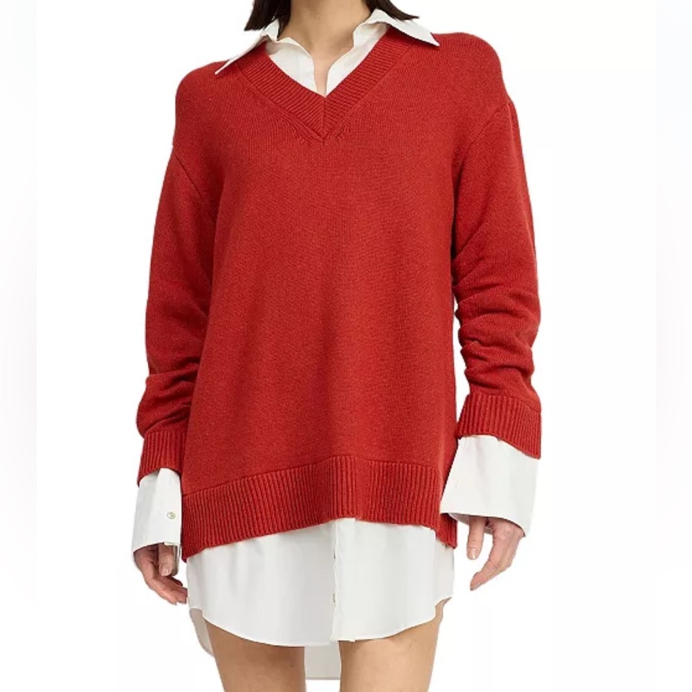 🆕 En Saison Red Sweater Shirt Dress Top Size S Collared Preppy Style Pullover